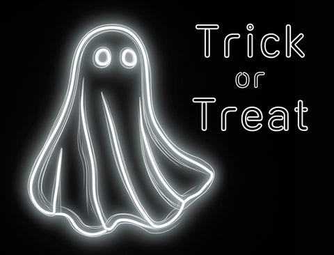 White Neon Ghost Trick or Treat Yard Sign