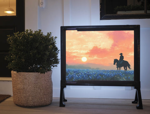 Blue Flower Cowboy Sunset Landscape Lumilawn Sign