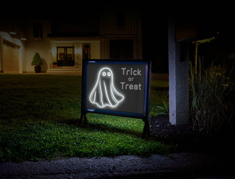 White Neon Ghost Trick or Treat Yard Sign