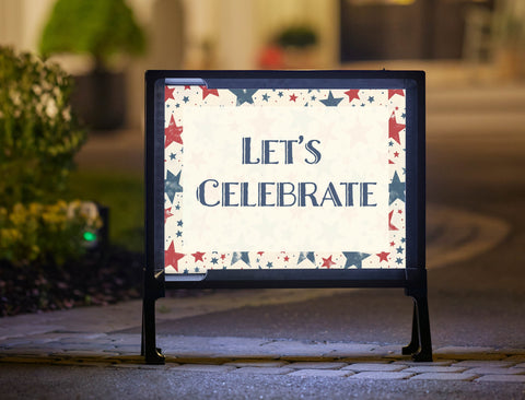 Red and Blue Stars Lets Celebrate Yard Sign