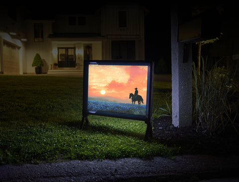 Blue Flower Cowboy Sunset Landscape Lumilawn Sign