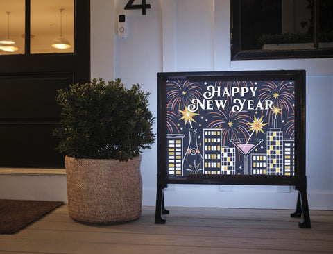 Happy New Year Cityscape Lumilawn Sign