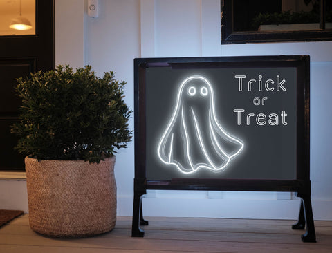 White Neon Ghost Trick or Treat Yard Sign