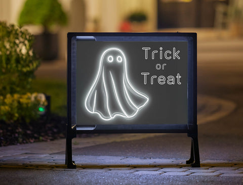 White Neon Ghost Trick or Treat Yard Sign