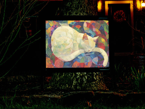 Sleepy White Kitty Cat Garden Decor Yard Sign